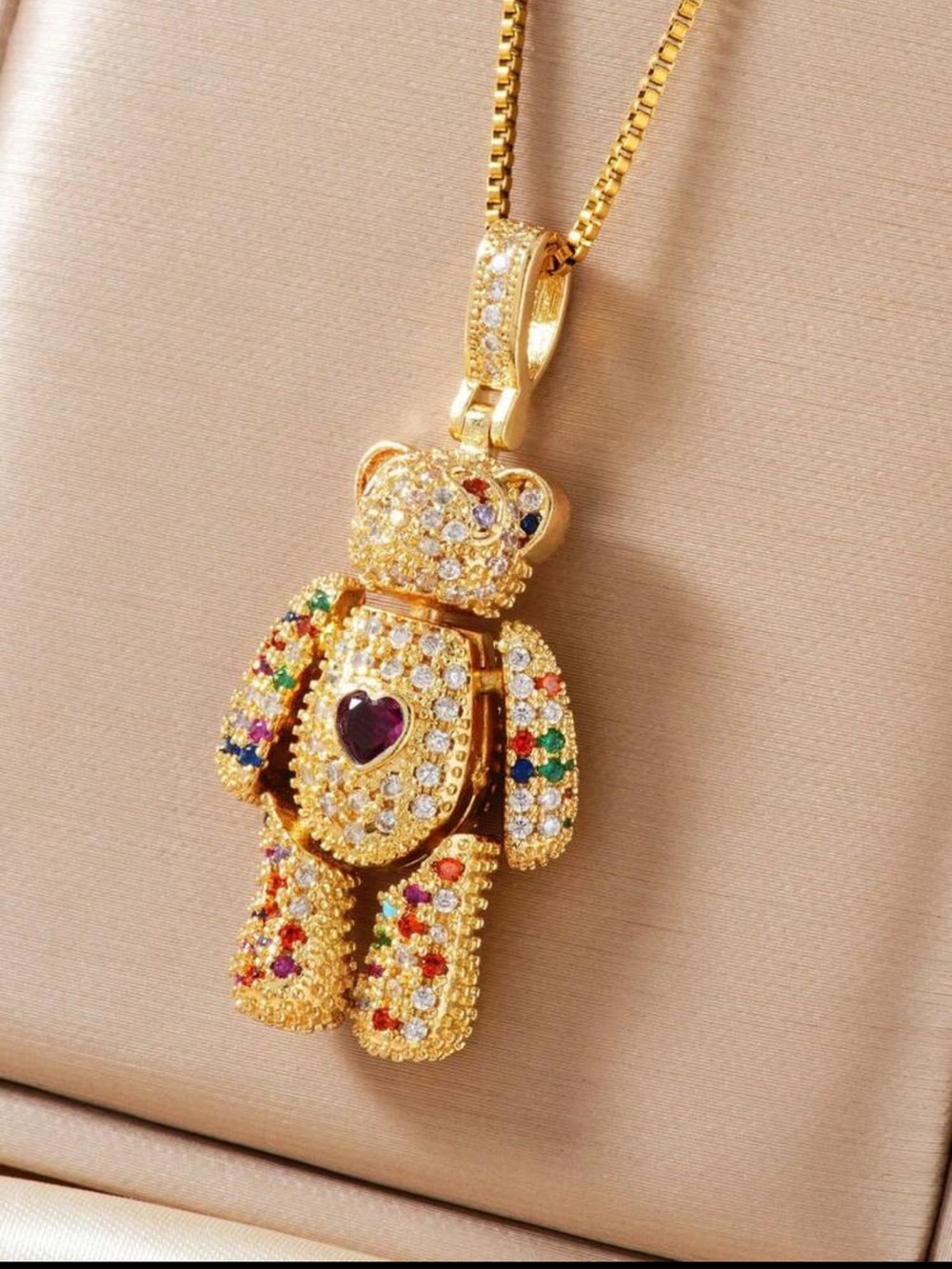 Gold Teddy Bear Pendant Necklace with Multicolor Crystals